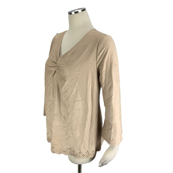 Motherhood Maternity Medium Boho Blouse Velour Tan Beige - Picture 2 of 6